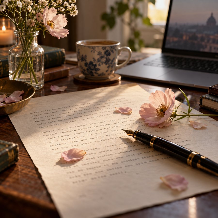 Un foglio scritto su una scrivania, con una penna stilografica e petali di fiori