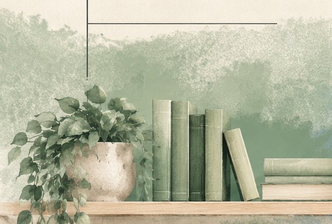 Uno scaffale ad acquerello con libri verdi e una pianta